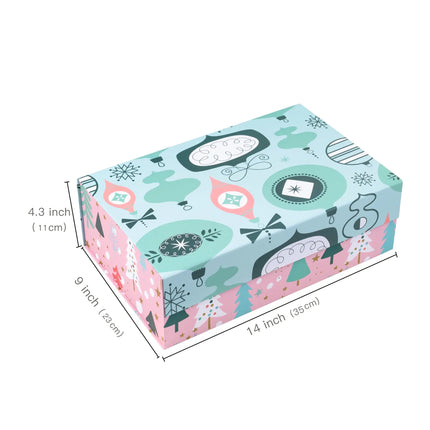 14" x 9" x 4.3" Holiday Gift Box (Collapsable, Magnetic Square Flap Lid), designed with teal-pink Christmas motifs, great for upscale holiday gift wrapping