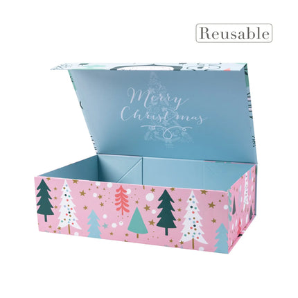 Collapsable Holiday Gift Box 14" x 9" x 4.3" with Magnetic Square Flap Lid, adorned with snowflakes and bauble designs