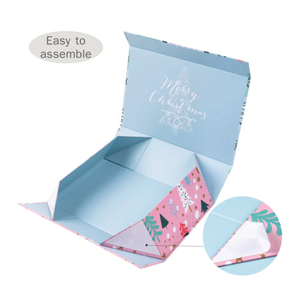 Open collapsable Christmas gift box with pastel print, "Merry Christmas" interior, and easy-assemble adhesive, ideal for festive packaging.