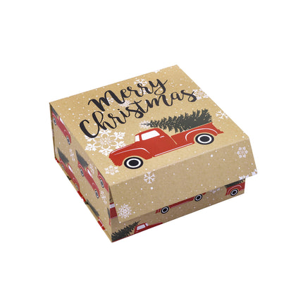 8" x 8" x 4" Collapsable Holiday Gift Box w/ 2-pcs White Tissue Paper & Magnetic Square Flap Lid | Red Truck And Christmas Tree LaRibbons and Crafts