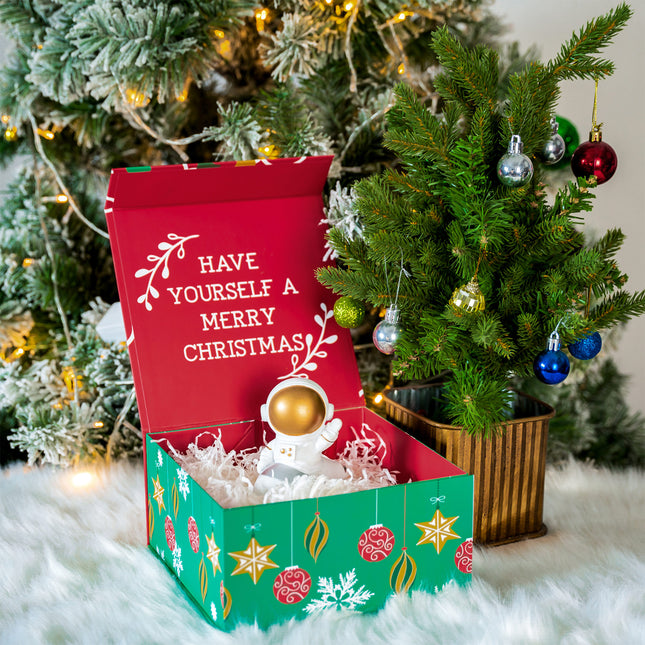 8" x 8" x 4" Collapsable Holiday Gift Box w/ 2-pcs White Tissue Paper & Magnetic Square Flap Lid | Red/Green Christmas Ornaments LaRibbons and Crafts