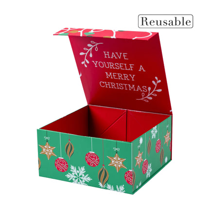 Reusable 8x8x4 Christmas gift box. Open lid with "Merry Christmas" text. Ornaments print.