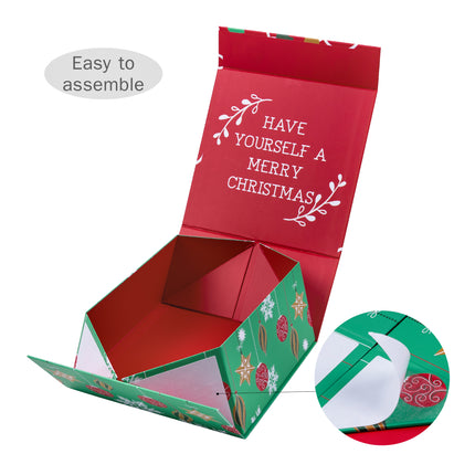  Easy-assemble 8x8x4 Christmas gift box. Adhesive flaps. Red/green ornaments design.