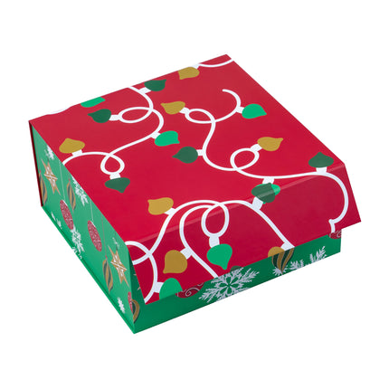 8x8x4 Christmas gift box (red/green). Lights/ornaments print. Sturdy for holiday gifting.