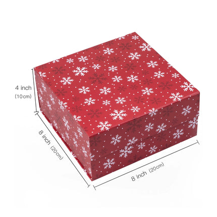 8x8x4 red snowflake gift box. Labeled dimensions. Ideal for Christmas presents.