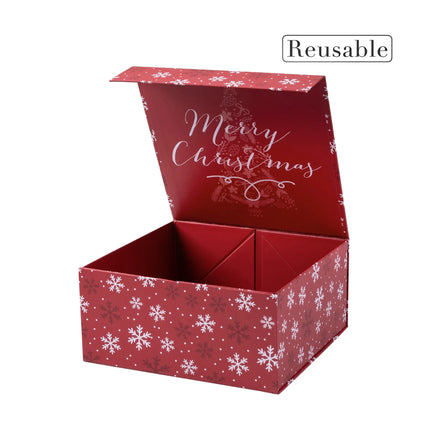 Reusable 8x8x4 red snowflake gift box. Open lid with "Merry Christmas" text.