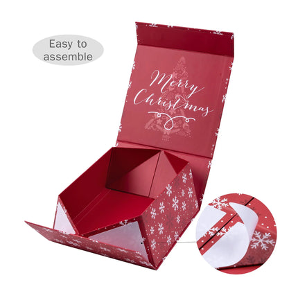 Easy-assemble red snowflake gift box. Adhesive flaps. Perfect for holiday gifting.