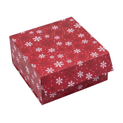 8x8x4 red gift box with white/brown snowflakes. Sturdy, festive for holiday gifting.