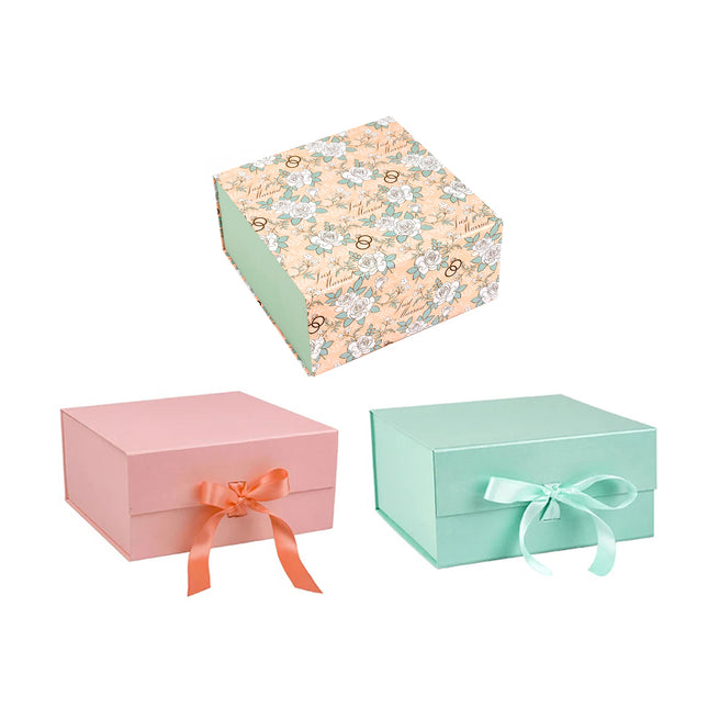 8" x 8" x 4" Collapsable Gift Box w/ Magnetic Square Flap Lid (3-pack) | Wedding Rings/Pink/Mint LaRibbons and Crafts