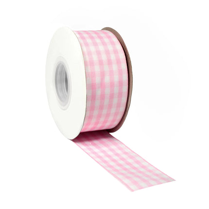 Pink and white Gingham Check Ribbon on a white spool, ideal for baby showers