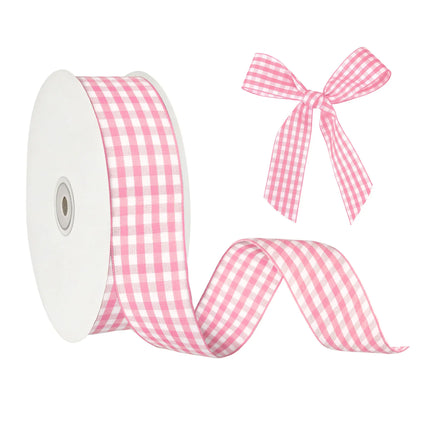 Pink and white gingham check ribbon with matching bow, classic woven pattern for spring crafts