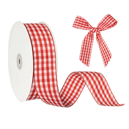 Red and pink gingham check ribbon with matching bow , ideal for rustic decor.