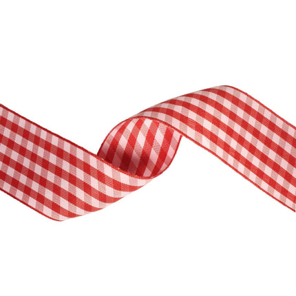 Red/pink gingham check ribbon, woven fabric, curved to show soft crisp pattern for crafts.