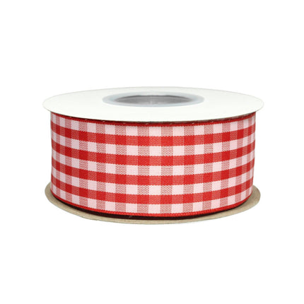 Full spool of red/pink gingham check ribbon, woven texture, vibrant pattern for wrapping.