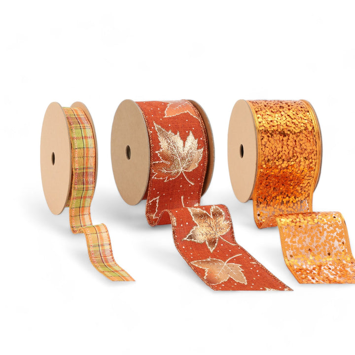 Metallic Harvest Leaf Wired Ribbon Bundle | Rust Multi | 3 Rolls/30 Yards Total