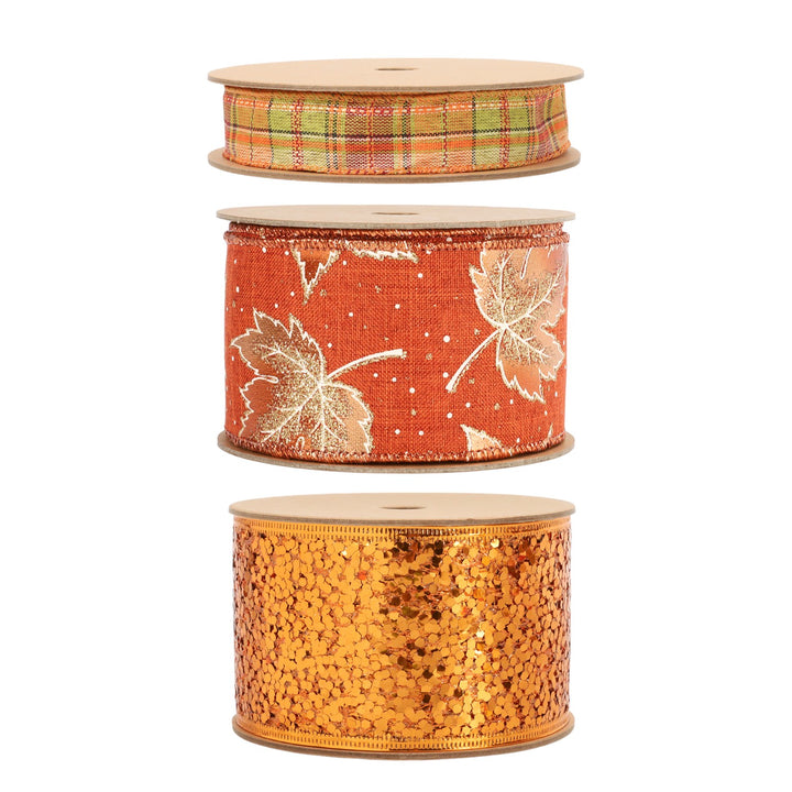 Metallic Harvest Leaf Wired Ribbon Bundle | Rust Multi | 3 Rolls/30 Yards Total