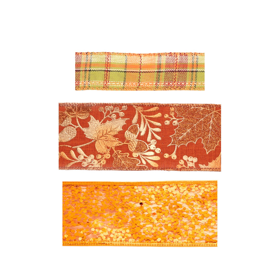 Metallic Harvest Leaf Wired Ribbon Bundle | Rust Multi | 3 Rolls/30 Yards Total