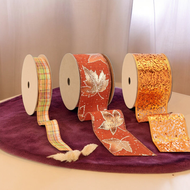 Metallic Harvest Leaf Wired Ribbon Bundle | Rust Multi | 3 Rolls/30 Yards Total