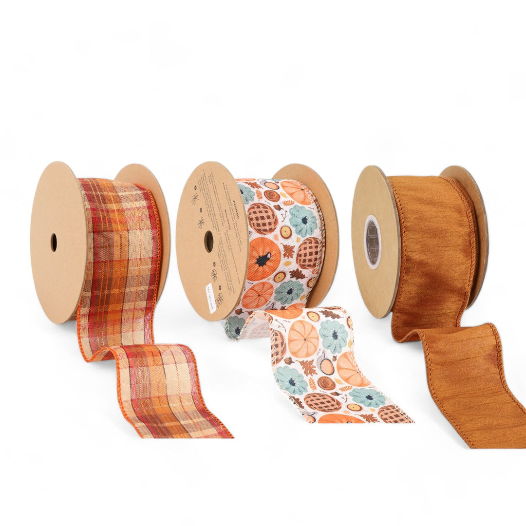 Pumpkin Plaid Harvest Wired Ribbon Bundle | Copper Brown Multi | 3 Rolls/30 Yards Total