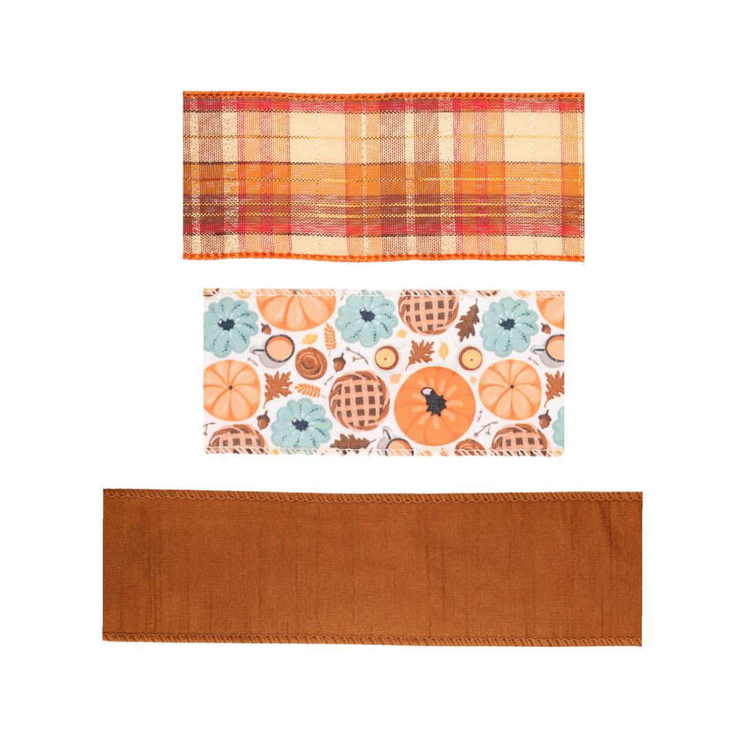 Pumpkin Plaid Harvest Wired Ribbon Bundle | Copper Brown Multi | 3 Rolls/30 Yards Total