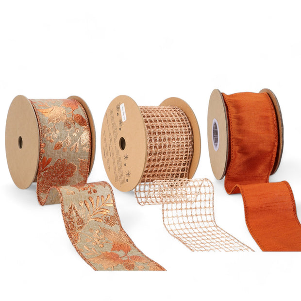 Metallic Leaf Net Wired Ribbon Bundle | Rust Multi | 3 Rolls/30 Yards Total
