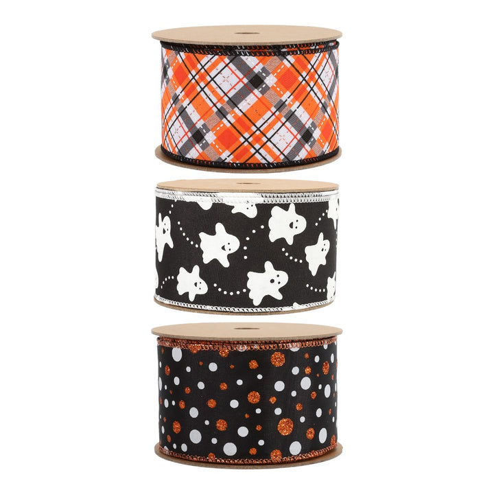 Ghost Polka Dot Plaid Wired Ribbon Bundle | Black Multi | 3 Rolls/30 Yards Total