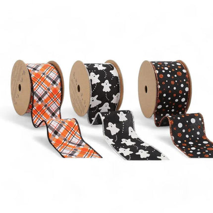 Ghost Polka Dot Plaid Wired Ribbon Bundle | Black Multi | 3 Rolls/30 Yards Total LaRibbons and Crafts