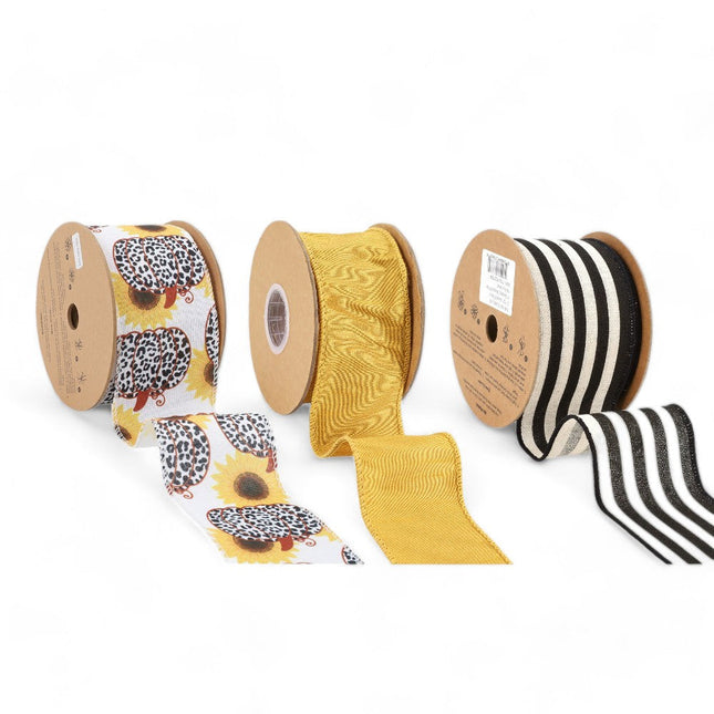 Pumpkin Stripe Wired Ribbon Bundle | Yellow/Black/White | 3 Rolls/30 Yards Total LaRibbons and Crafts