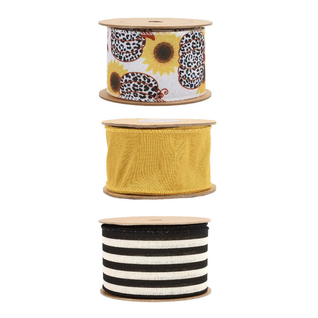 Pumpkin Stripe Wired Ribbon Bundle | Yellow/Black/White | 3 Rolls/30 Yards Total LaRibbons and Crafts