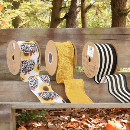 Pumpkin Stripe Wired Ribbon Bundle | Yellow/Black/White | 3 Rolls/30 Yards Total LaRibbons and Crafts