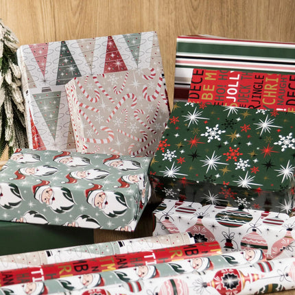 30" x 10' Wrapping Paper Bundle (4-pack) | Retro Santa Cheer LaRibbons Wholesale