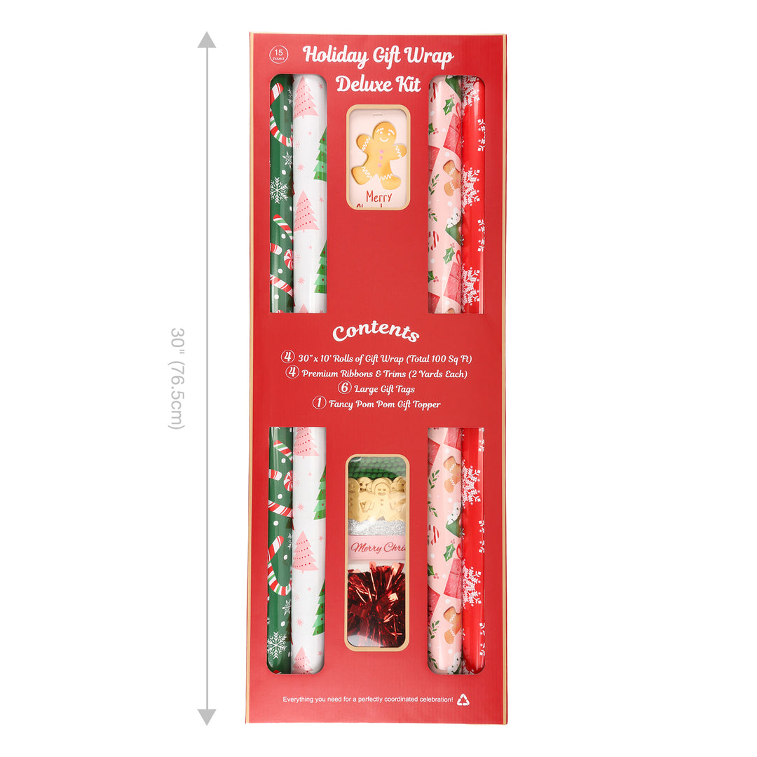 LaRibbons 30" x 10' Christmas Holiday Gift Wrap Deluxe Kit | Pink Gingerbread