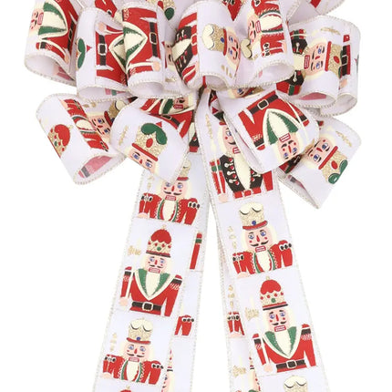 13" Decorative Christmas Tree Topper Bow (2.5" Wired Ribbon) | "Nutcracker" White/Multi LaRibbons and Crafts