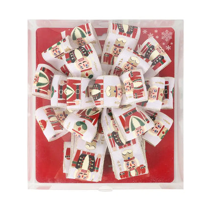 13" Decorative Christmas Tree Topper Bow (2.5" Wired Ribbon) | "Nutcracker" White/Multi LaRibbons and Crafts