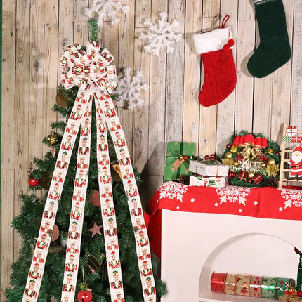13" Decorative Christmas Tree Topper Bow (2.5" Wired Ribbon) | "Nutcracker" White/Multi LaRibbons and Crafts