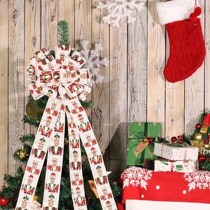 13" Decorative Christmas Tree Topper Bow (2.5" Wired Ribbon) | "Nutcracker" White/Multi LaRibbons and Crafts