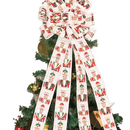 13" Decorative Christmas Tree Topper Bow (2.5" Wired Ribbon) | "Nutcracker" White/Multi LaRibbons and Crafts