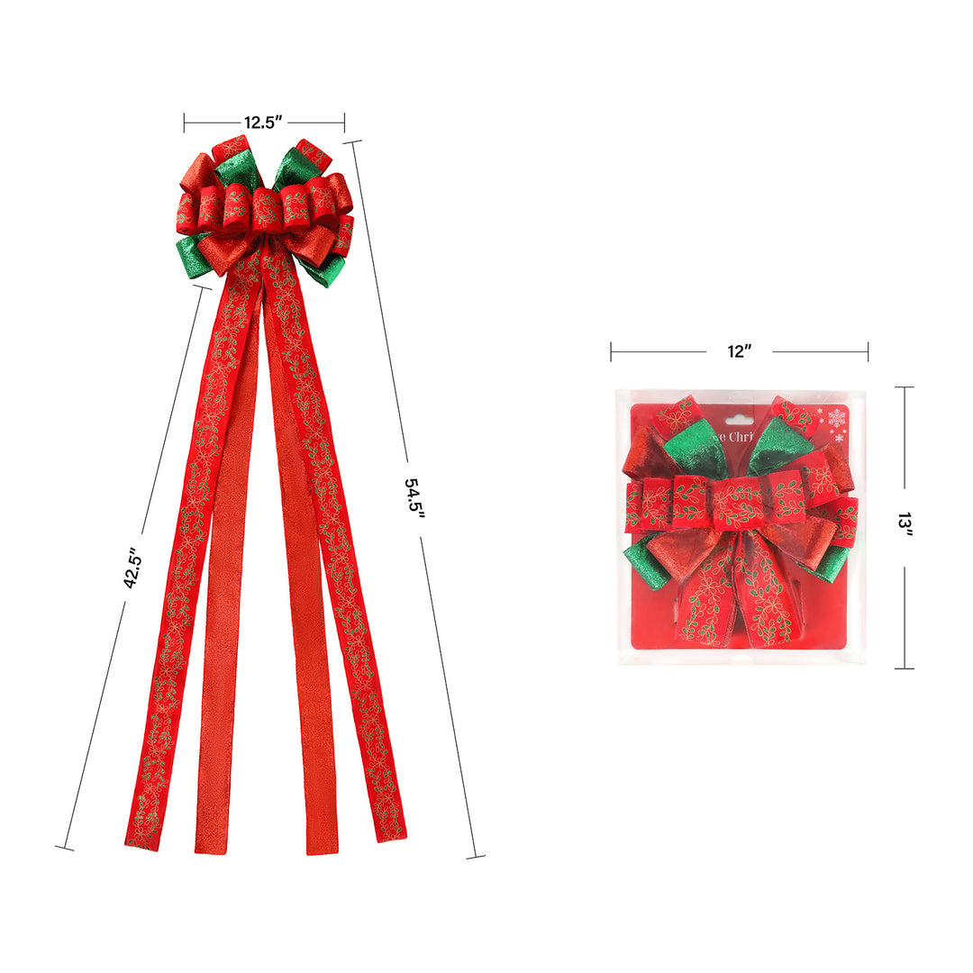 13" Decorative Christmas Tree Topper Bow (2.5" Wired Ribbon) | Red/Green Glitter Printed Floral