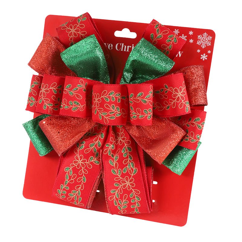 13" Decorative Christmas Tree Topper Bow (2.5" Wired Ribbon) | Red/Green Glitter Printed Floral