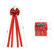 13" Decorative Christmas Tree Topper Bow (2.5" Wired Ribbon) | Red/Green Glitter Printed Floral