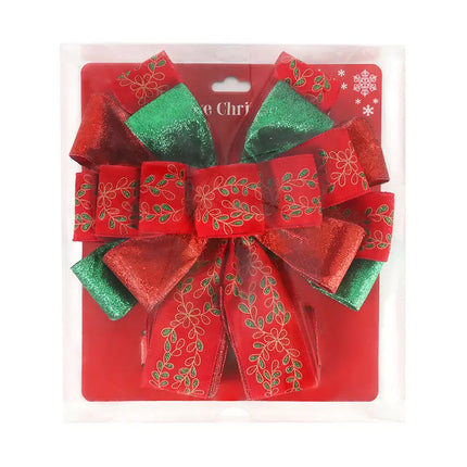 13" Decorative Christmas Tree Topper Bow (2.5" Wired Ribbon) | Red/Green Glitter Printed Floral LaRibbons and Crafts