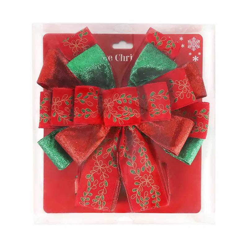 13" Decorative Christmas Tree Topper Bow (2.5" Wired Ribbon) | Red/Green Glitter Printed Floral LaRibbons and Crafts