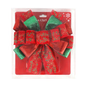 13" Decorative Christmas Tree Topper Bow (2.5" Wired Ribbon) | Red/Green Glitter Printed Floral