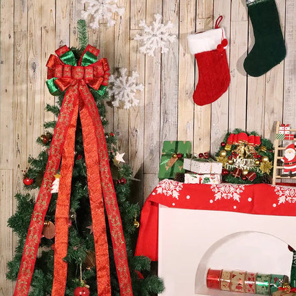 13" Decorative Christmas Tree Topper Bow (2.5" Wired Ribbon) | Red/Green Glitter Printed Floral LaRibbons and Crafts