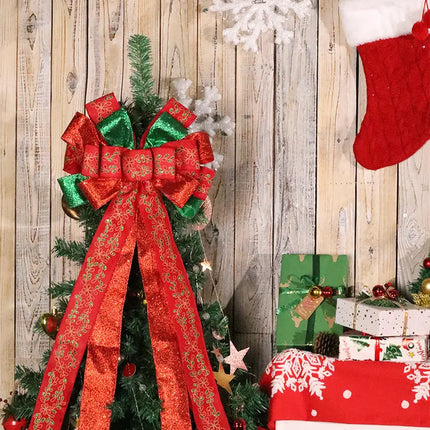 13" Decorative Christmas Tree Topper Bow (2.5" Wired Ribbon) | Red/Green Glitter Printed Floral LaRibbons and Crafts