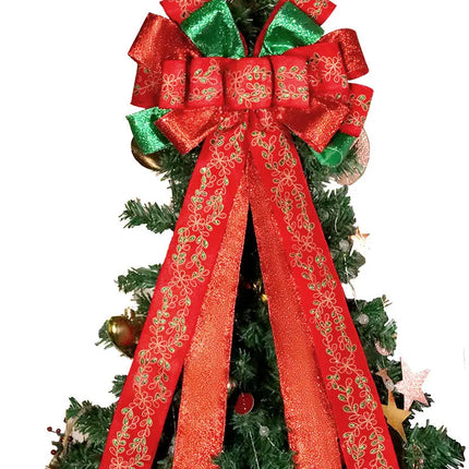 13" Decorative Christmas Tree Topper Bow (2.5" Wired Ribbon) | Red/Green Glitter Printed Floral LaRibbons and Crafts