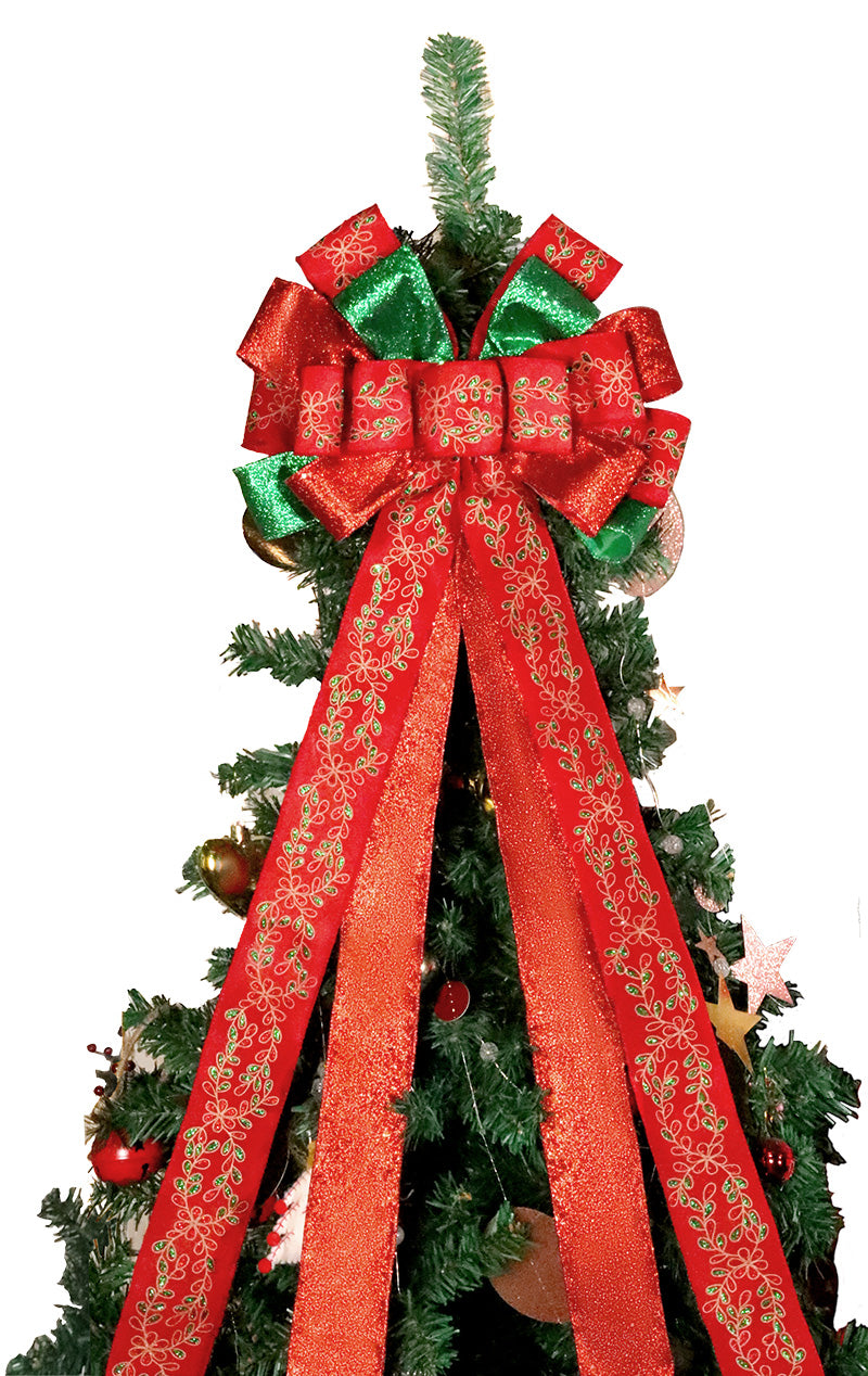 13" Decorative Christmas Tree Topper Bow (2.5" Wired Ribbon) | Red/Green Glitter Printed Floral