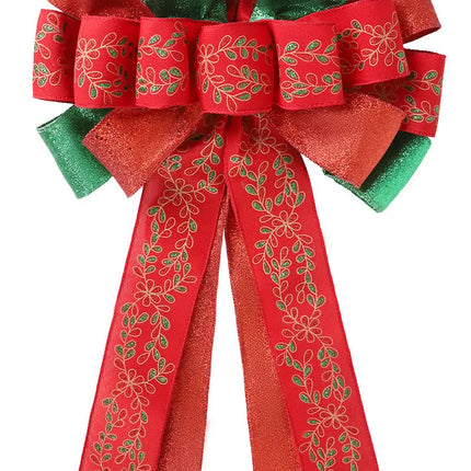 13" Decorative Christmas Tree Topper Bow (2.5" Wired Ribbon) | Red/Green Glitter Printed Floral LaRibbons and Crafts