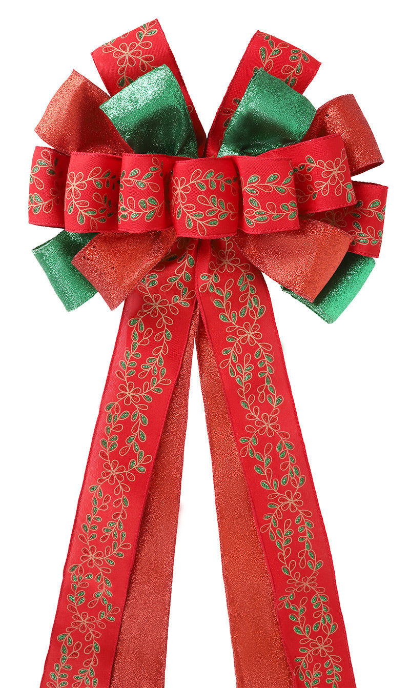 13" Decorative Christmas Tree Topper Bow (2.5" Wired Ribbon) | Red/Green Glitter Printed Floral