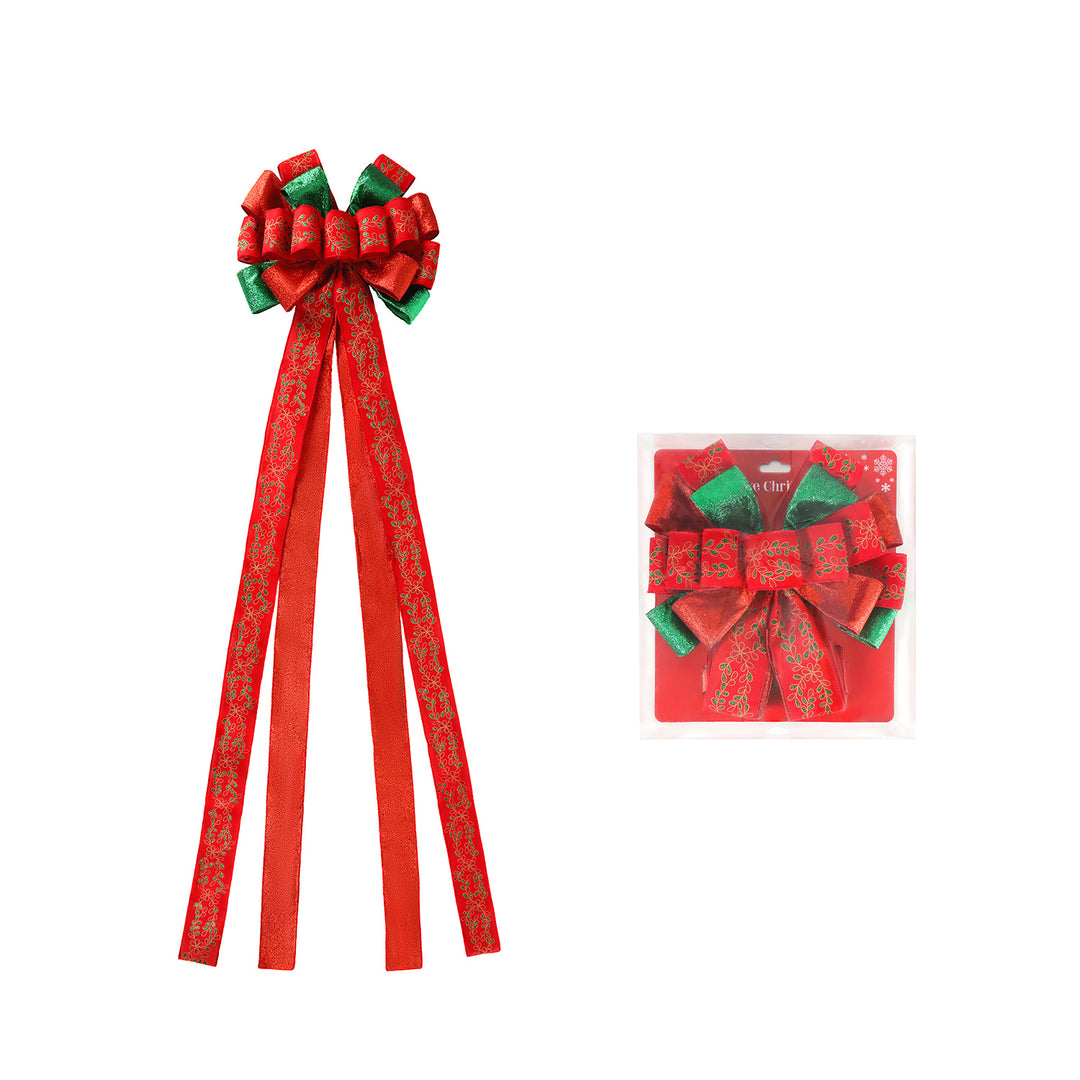 13" Decorative Christmas Tree Topper Bow (2.5" Wired Ribbon) | Red/Green Glitter Printed Floral